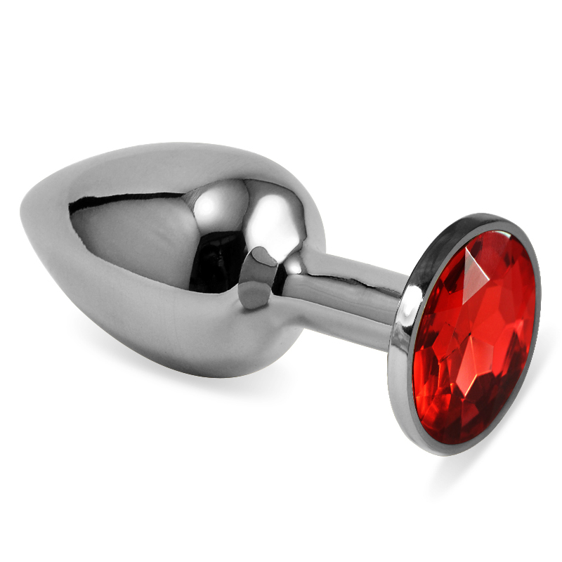 Анальная пробка Vandersex металлическая с красным кристаллом, серебристая, M 