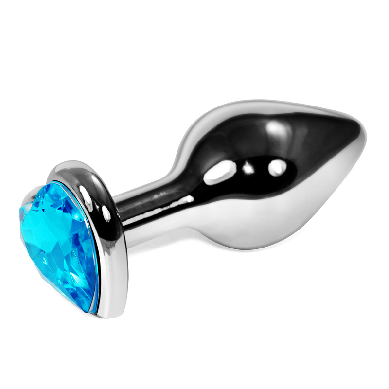 Анальная пробка Vandersex металлическая виде сердечка с голубым кристаллом, серебристая, M