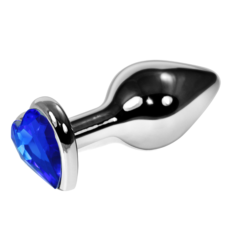 Анальная пробка Vandersex металлическая виде сердечка с синим кристаллом, серебристая, S 