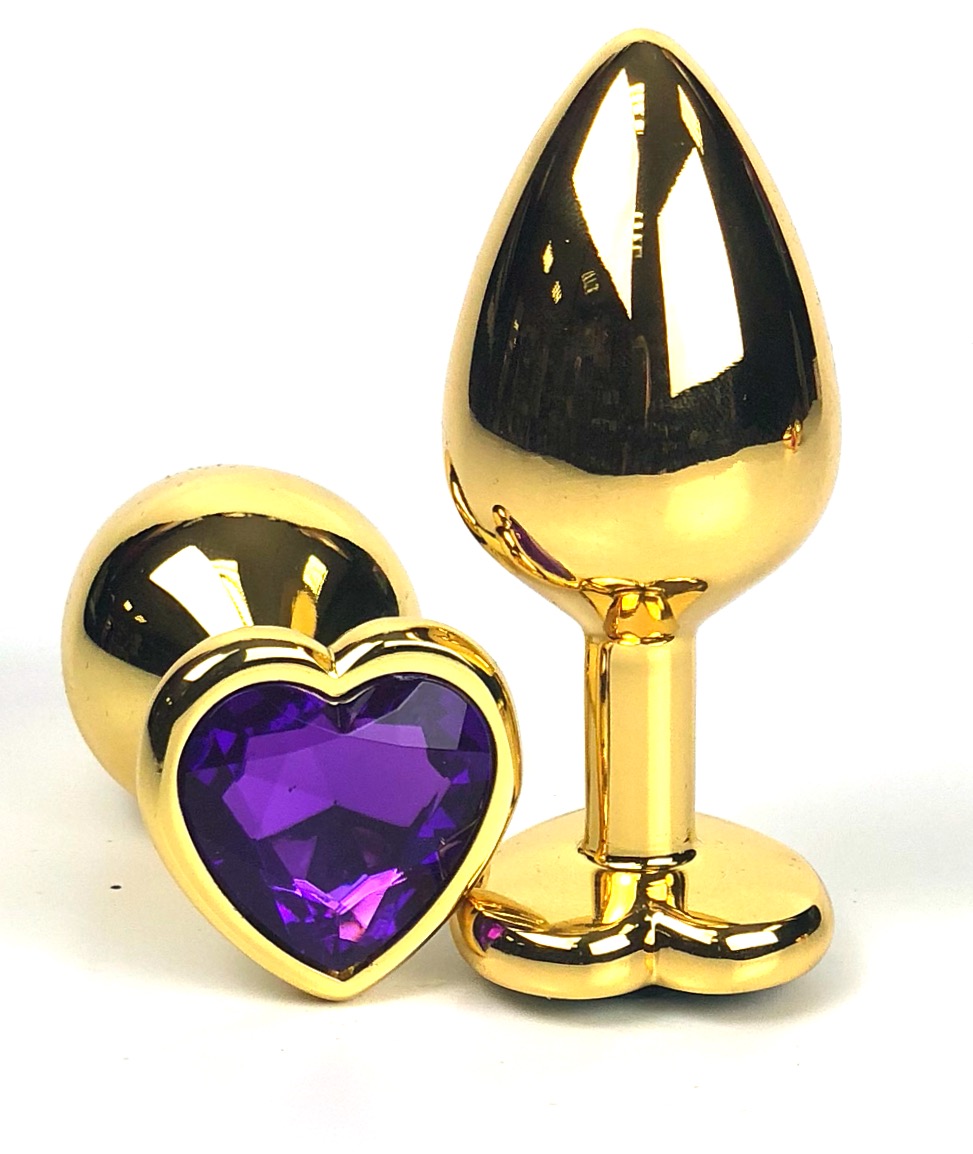 Анальная пробка Vandersex металлическая виде сердечка фиолетовый кристалл, золотистая, S