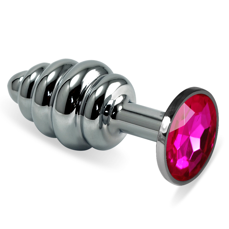 Анальная пробка Vandersex рельеф с розовым кристаллом, серебристая M 3,0 см