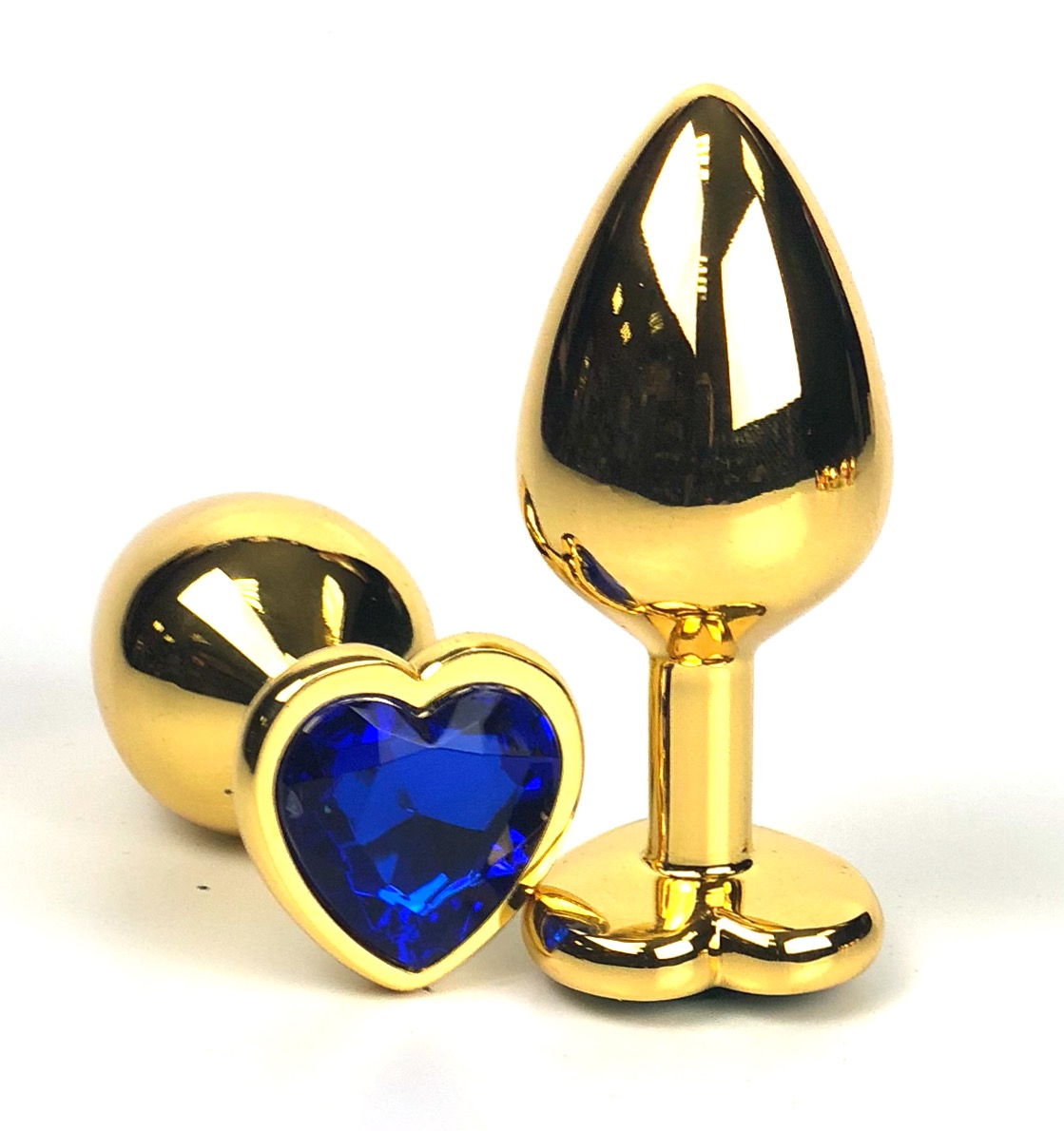 Анальная пробка Vandersex металлическая виде сердечка кристалл синий, золотистая, S 