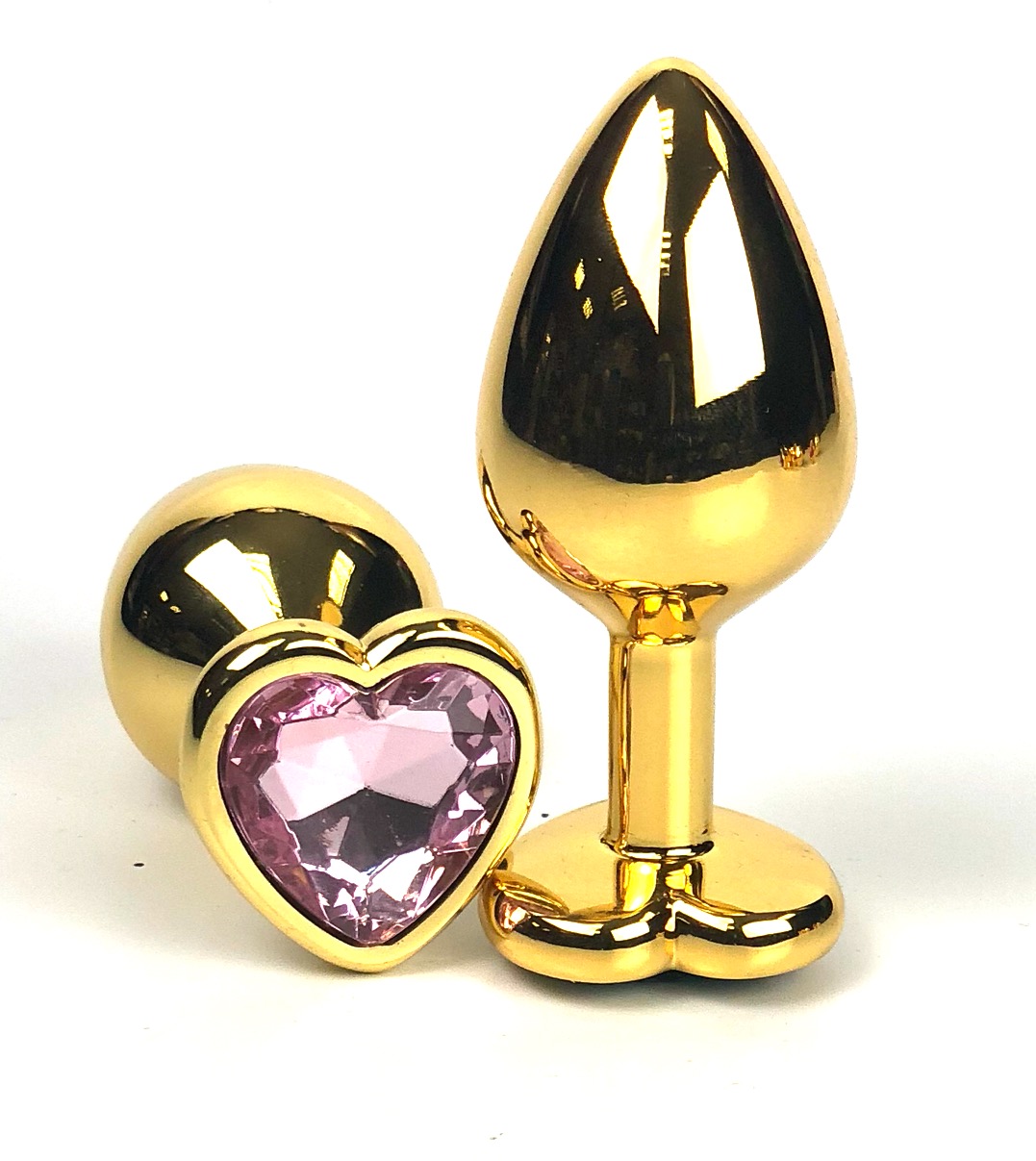 Анальная пробка Vandersex металлическая виде сердечка с розовым кристаллом, золотистая, M 