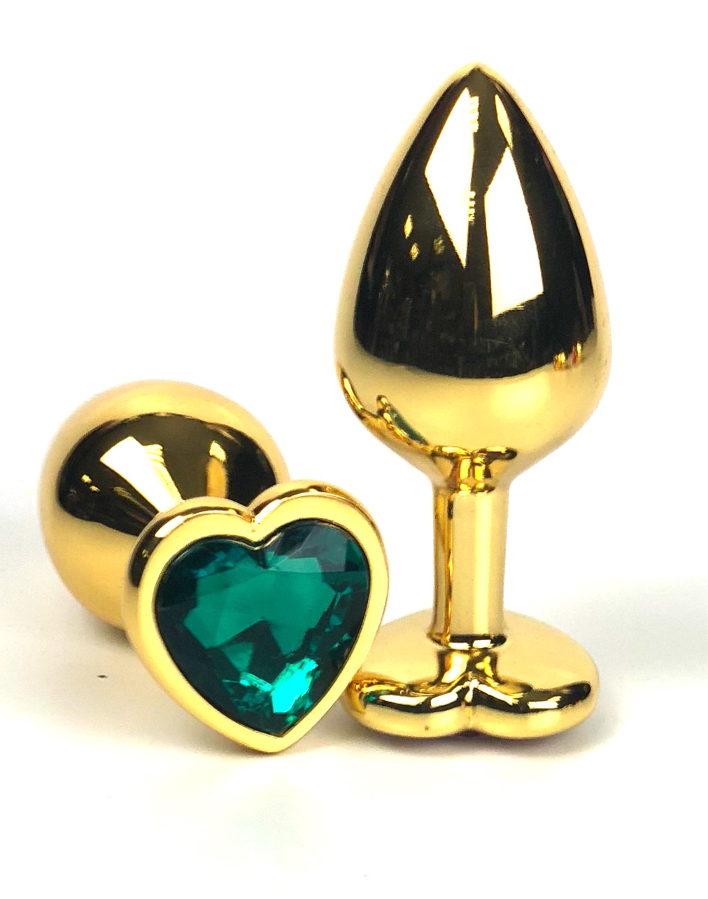 Анальная пробка Vandersex металлическая виде сердечка с светло-зеленым кристаллом, золотистая, M 