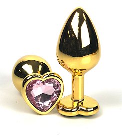 Анальная пробка Vandersex металлическая виде сердечка с розовым кристаллом, золотистая, M 